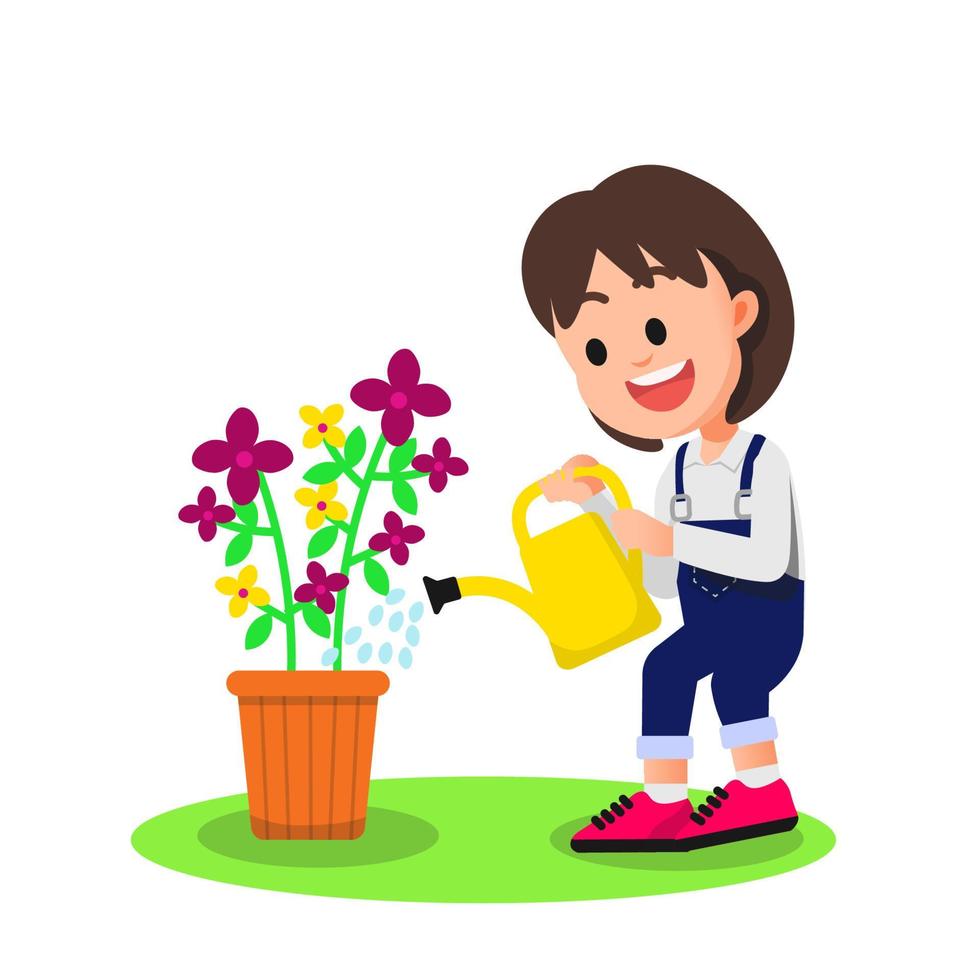 una niña feliz regando flores alegremente vector