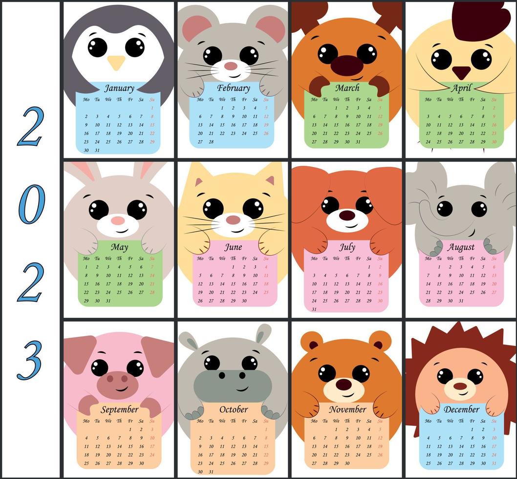Calendar for 2023 with cute round characters animals vector