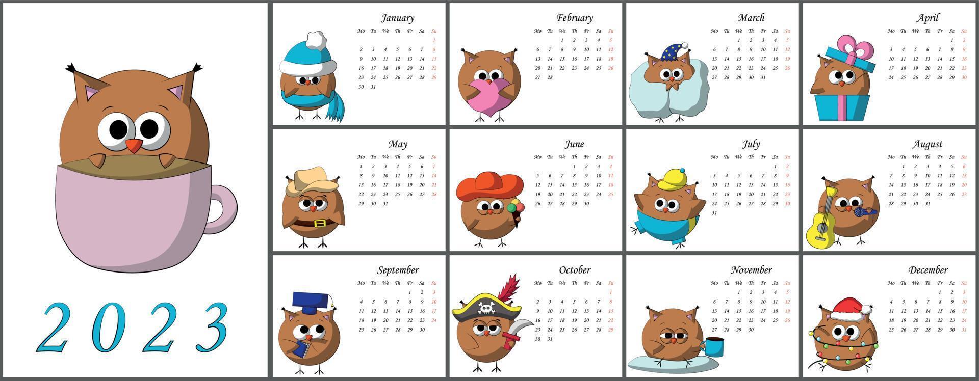 Calendar for 2023 with cute lovery characters Owl vector