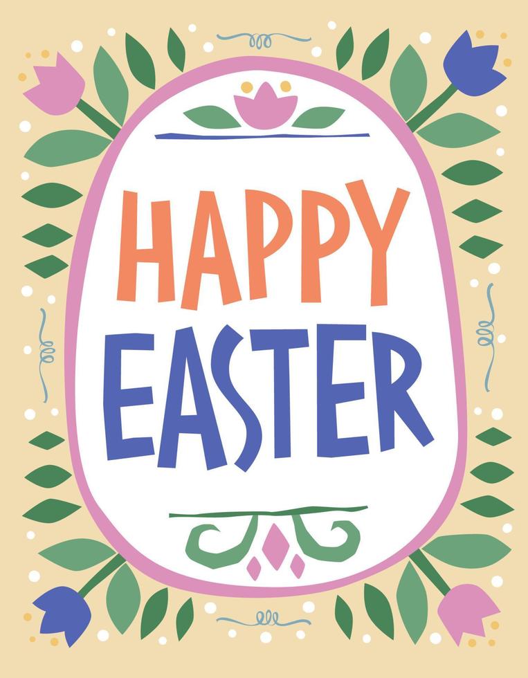 Happy Easter, cute festive hand lettering illustration. Vector typography phtase design in an Easter egg shaped frame with Spring flowers and dots.
