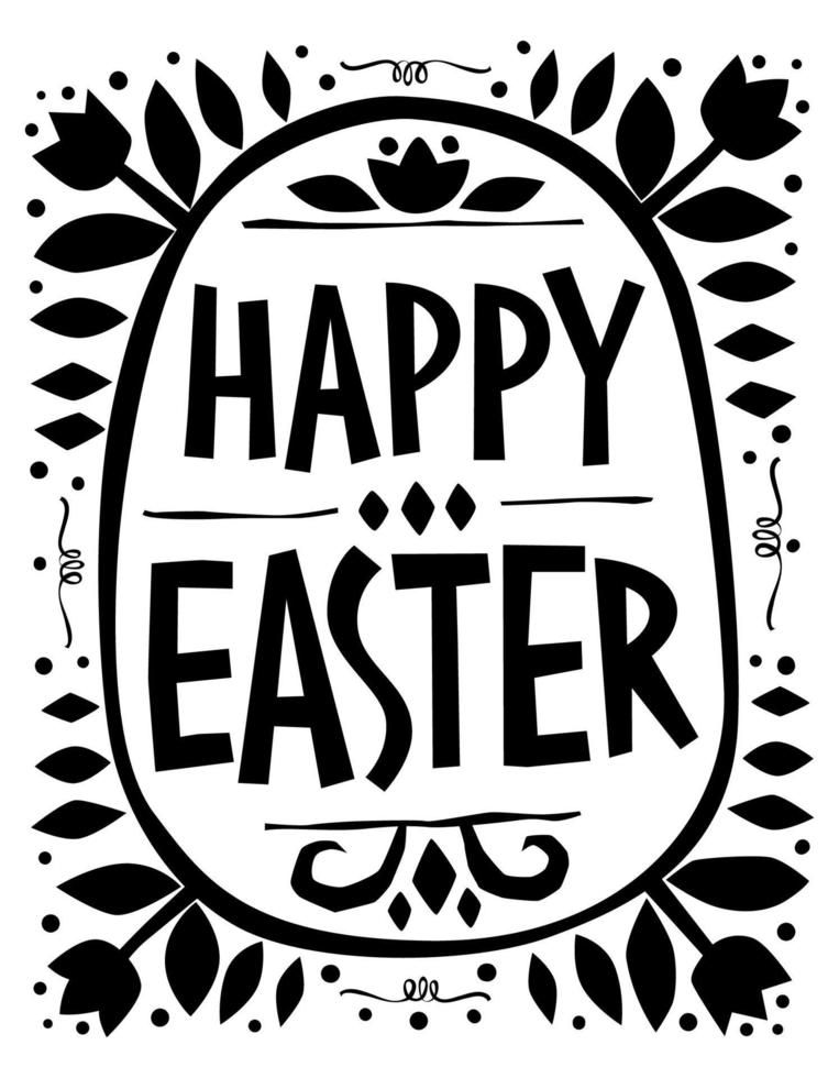 Beautiful Spring lettering illustration for cards, posters, stickers etc., Happy Easter phrase in an Easter egg shaped frame with spring flowers and grass. vector