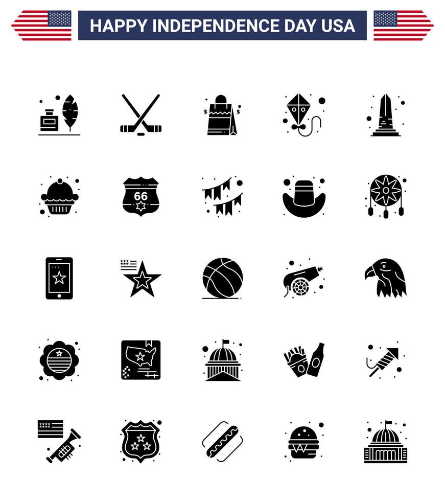 USA Independence Day Solid Glyph Set of 25 USA Pictograms of sight landmark bag flying kite Editable USA Day Vector Design Elements