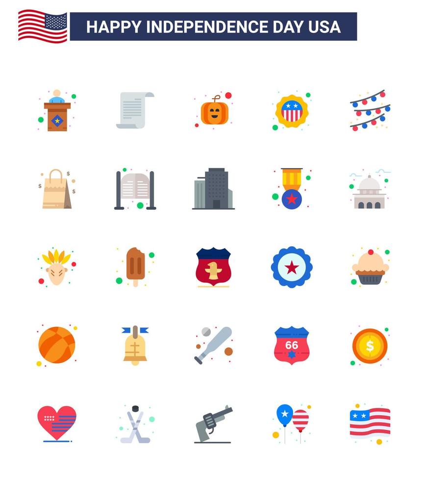 Group of 25 Flats Set for Independence day of United States of America such as party bulb buntings american flag security Editable USA Day Vector Design Elements