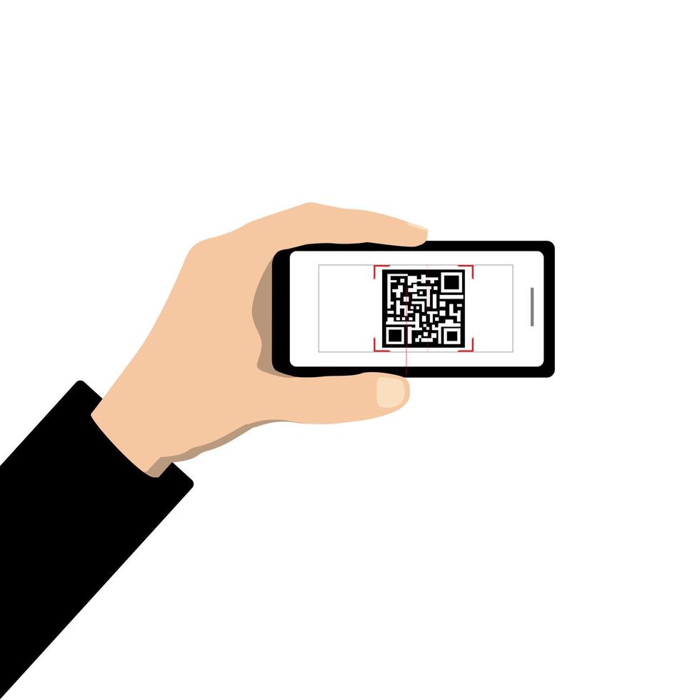 mano con teléfono escaneando código qr sobre fondo blanco. escanear codigo qr a telefono movil. electrónica, tecnología digital, código de barras. ilustración vectorial vector