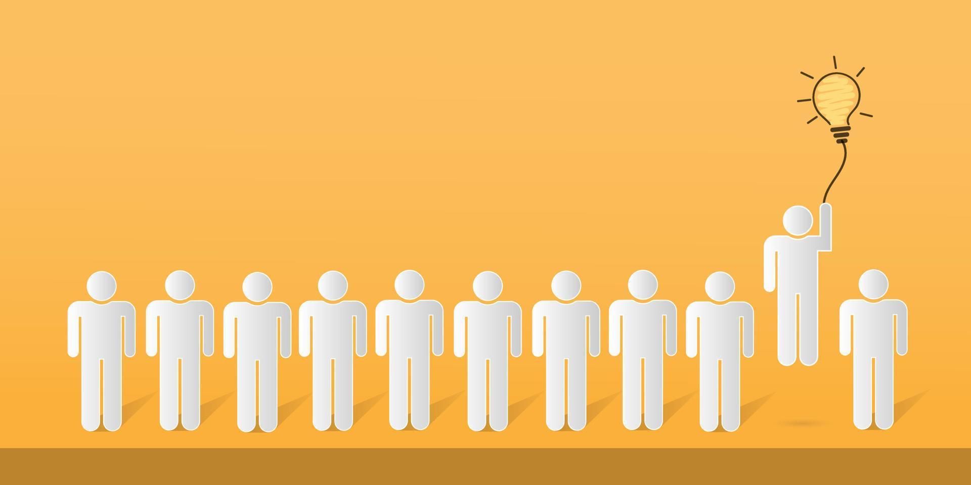 Selection of people based on smart ideas. Row of human icons and transparent light bulb balls with selected ones on yellow background. with copy space. illustration vector