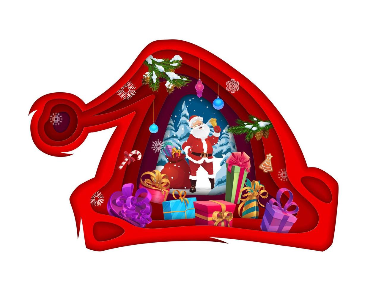 Christmas paper cut santa hat and gifts. 3d vector