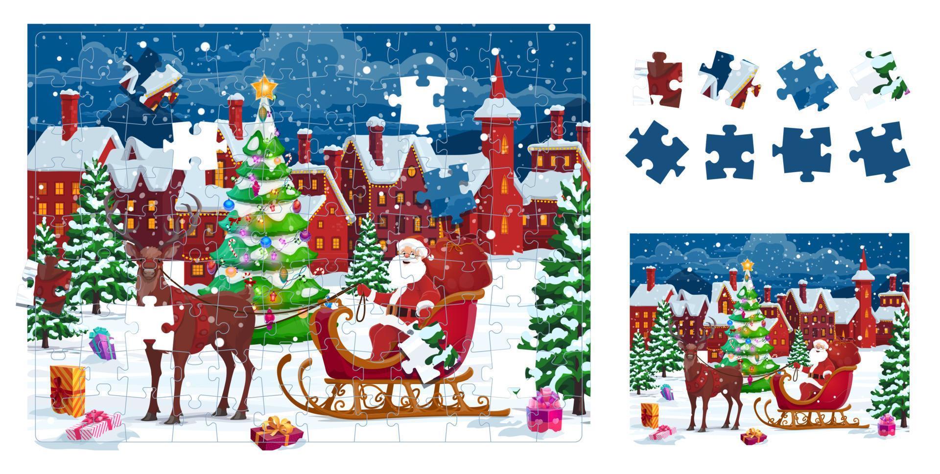 Christmas landscape with santa sleigh, jigsaw vector
