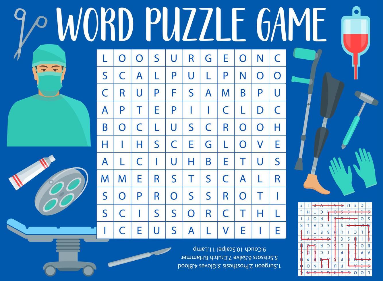 Surgeon and surgery medicine, word search puzzle vector