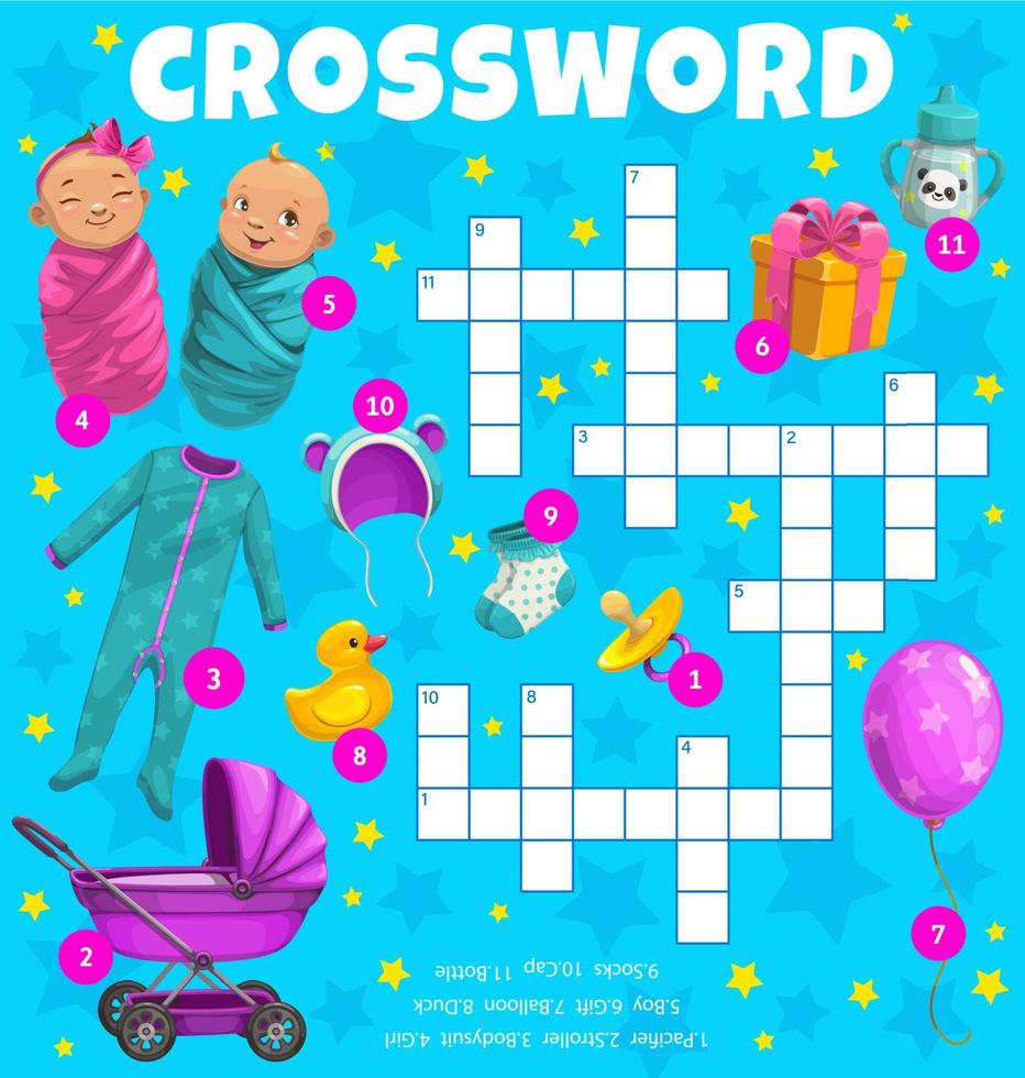 Newborns and kids toys, crossword worksheet game vector