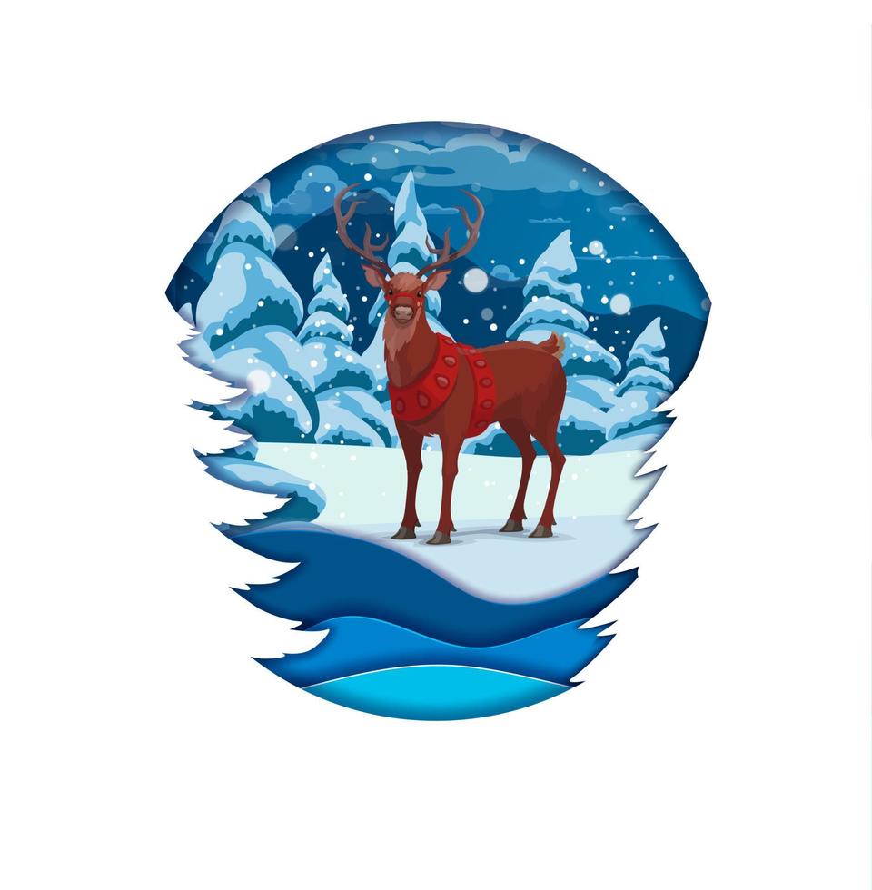 Christmas paper cut Santa deer in snowy forest vector
