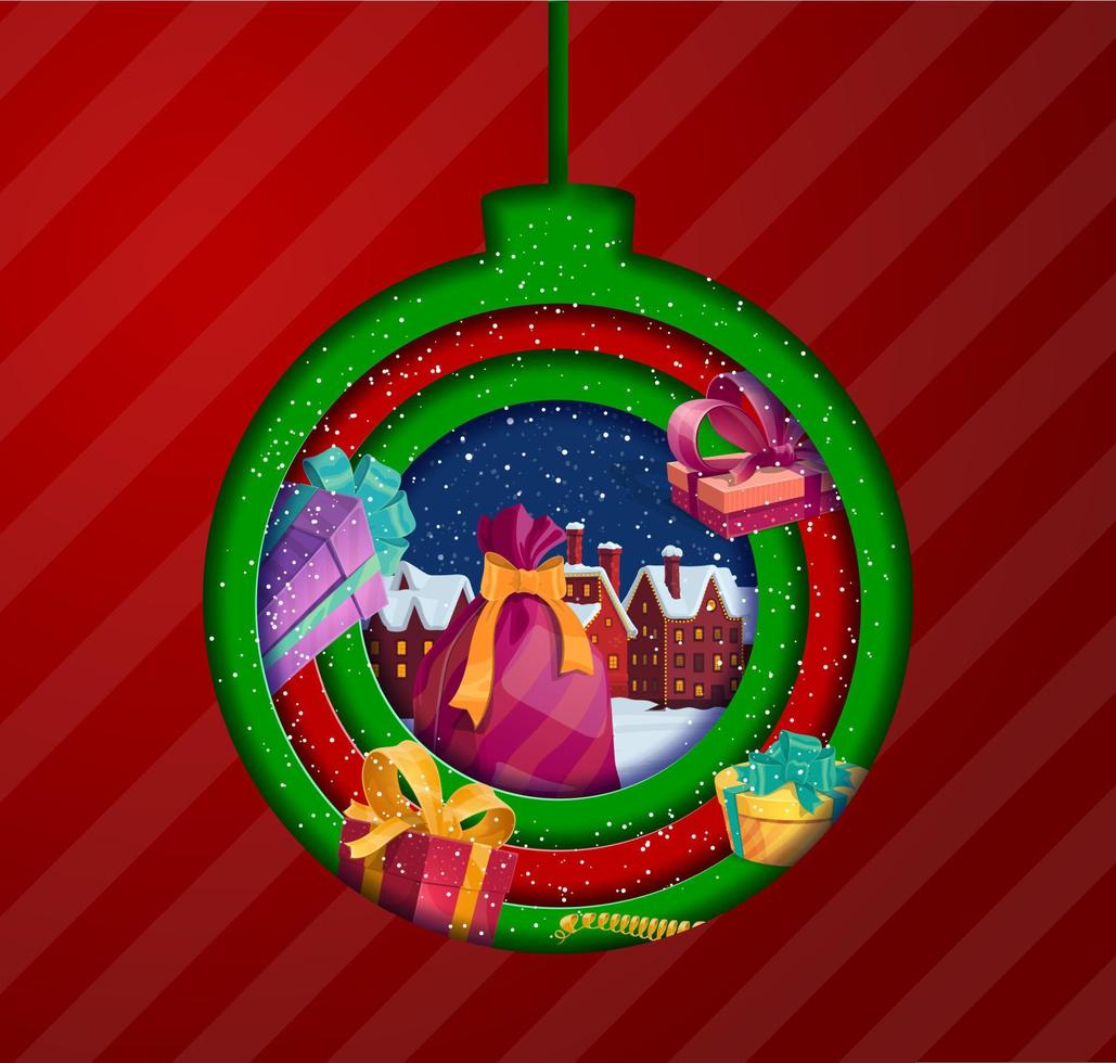 Christmas paper cut holiday bauble with gifts vector
