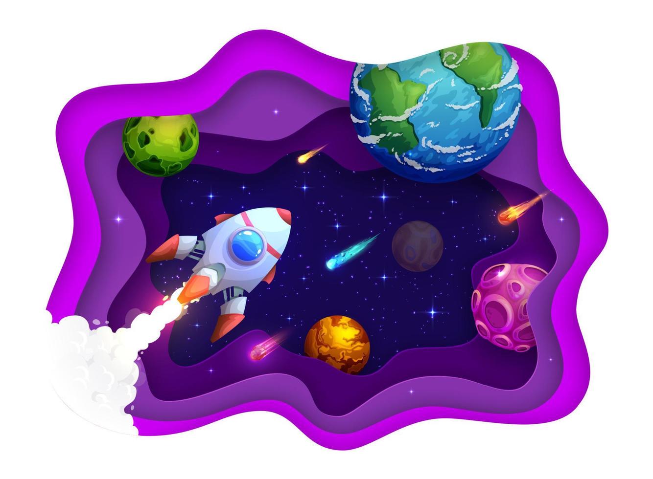 Space paper cut rocket, galaxy planets and stars vector