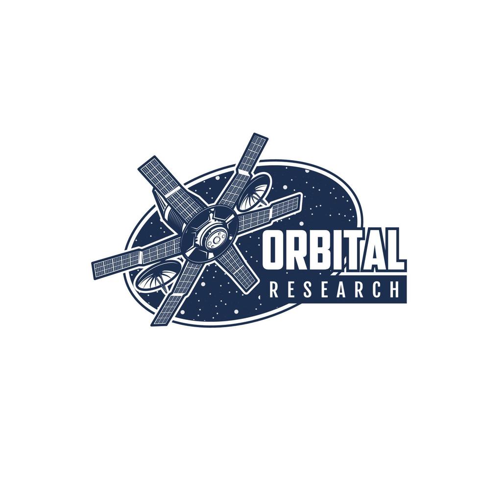 Space research with orbital station retro icon vector