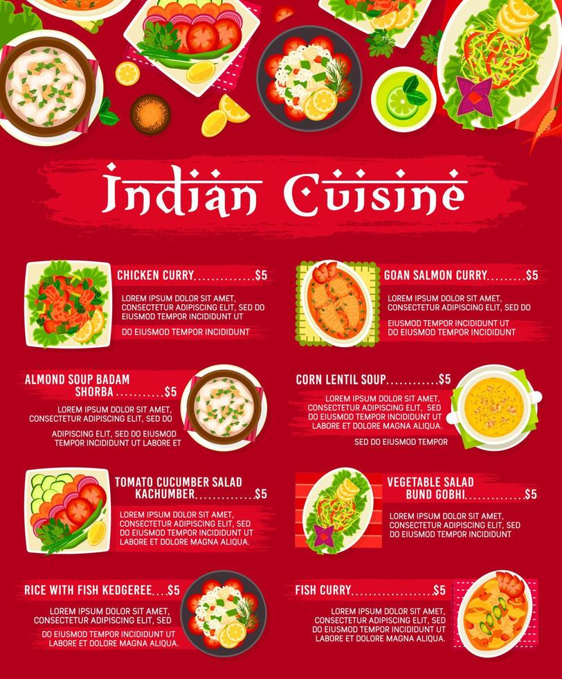 plantilla de vector de diseño de página de menú de cocina india