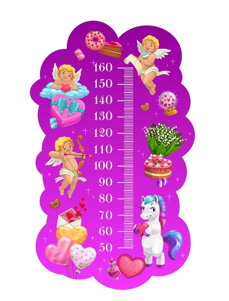 Kids height chart of Cupids, unicorn and sweets vector