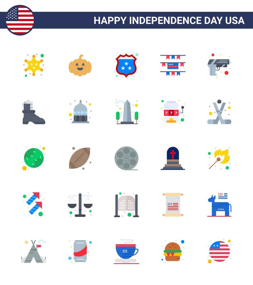 Flat Pack of 25 USA Independence Day Symbols of weapon security security gun party decoration Editable USA Day Vector Design Elements