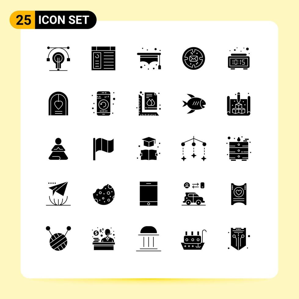 Modern Set of 25 Solid Glyphs Pictograph of digital alarm hat mail finance Editable Vector Design Elements