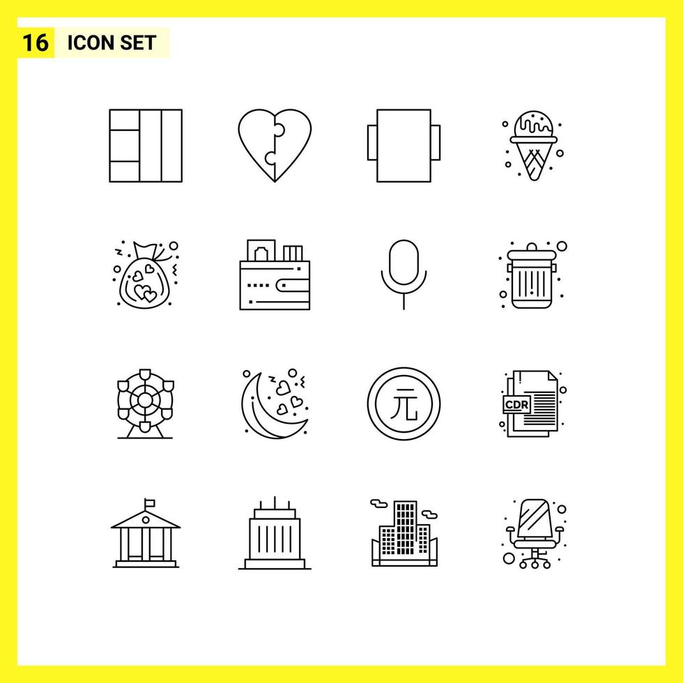 User Interface Pack of 16 Basic Outlines of wallet cash ice cream card donation Editable Vector Design Elements