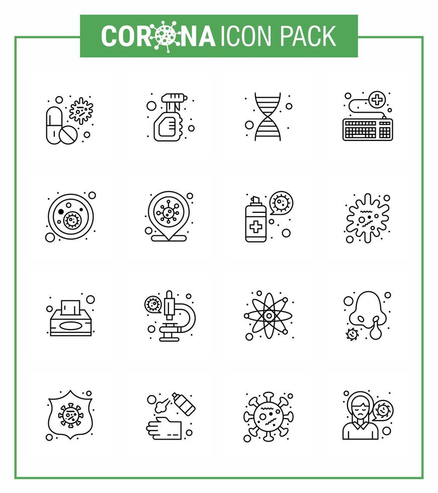 conjunto de iconos de 16 líneas de coronavirus sobre el tema de la epidemia de corona contiene iconos como el spray de teclado médico adjunto genética coronavirus viral 2019nov elementos de diseño de vectores de enfermedades