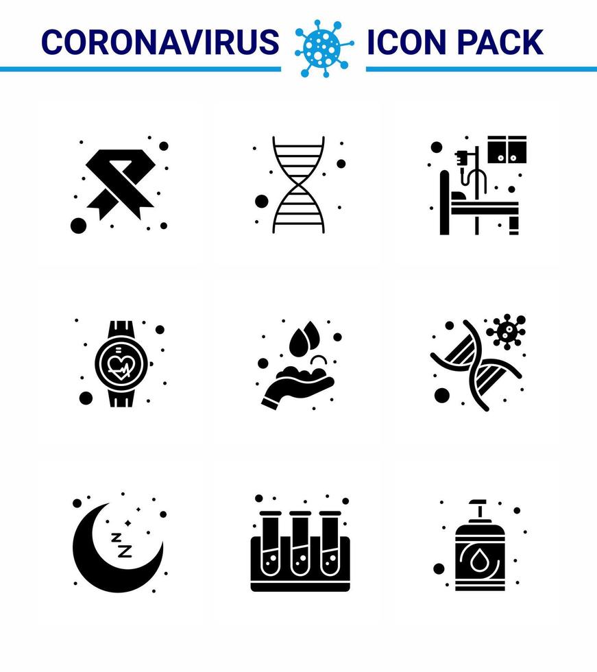 prevención del virus corona covid19 consejos para evitar lesiones 9 glifo sólido icono negro para presentación reloj inteligente genoma médico sala de atención médica coronavirus viral 2019nov enfermedad vector elemento de diseño