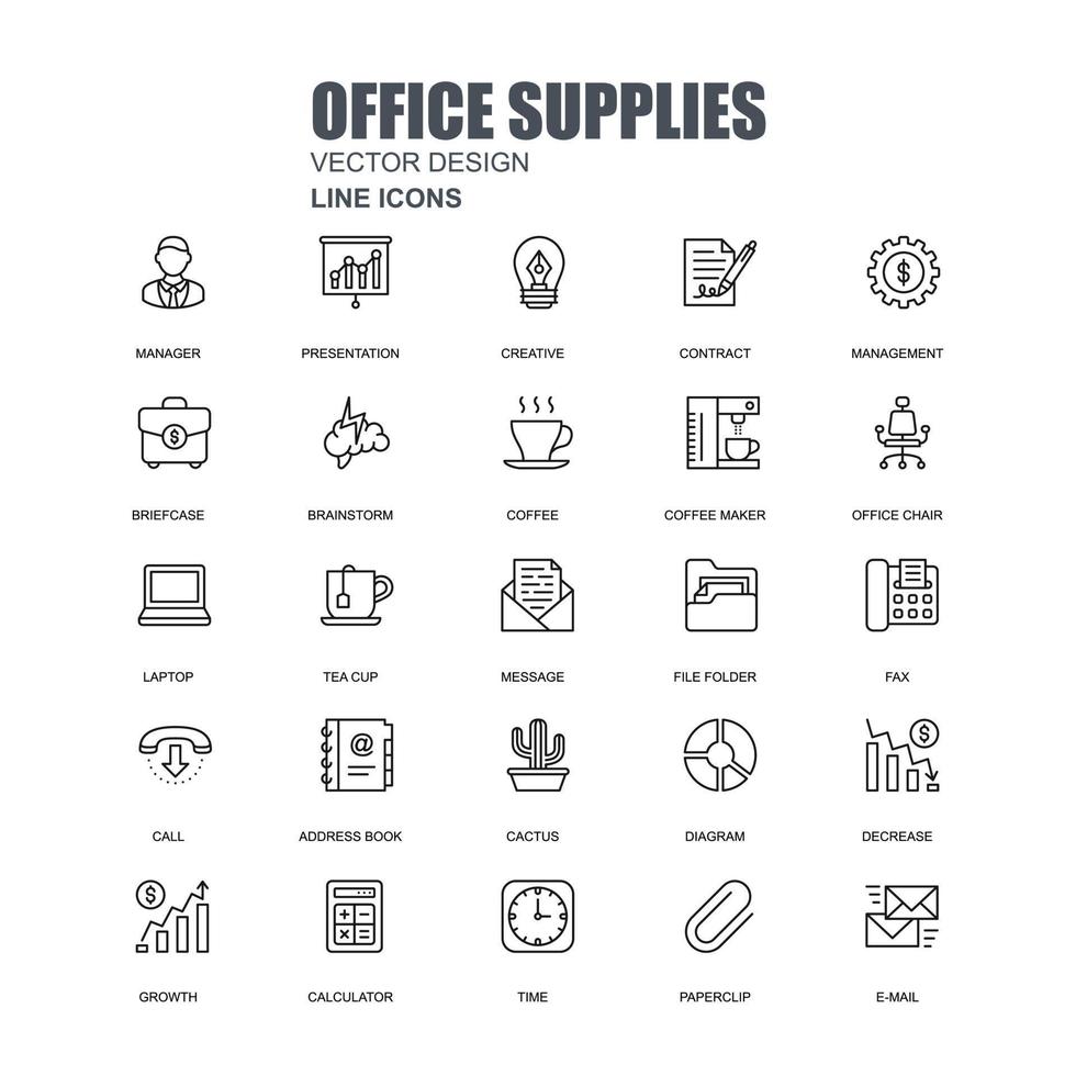 Office supply stationery work business linear style icons set vector