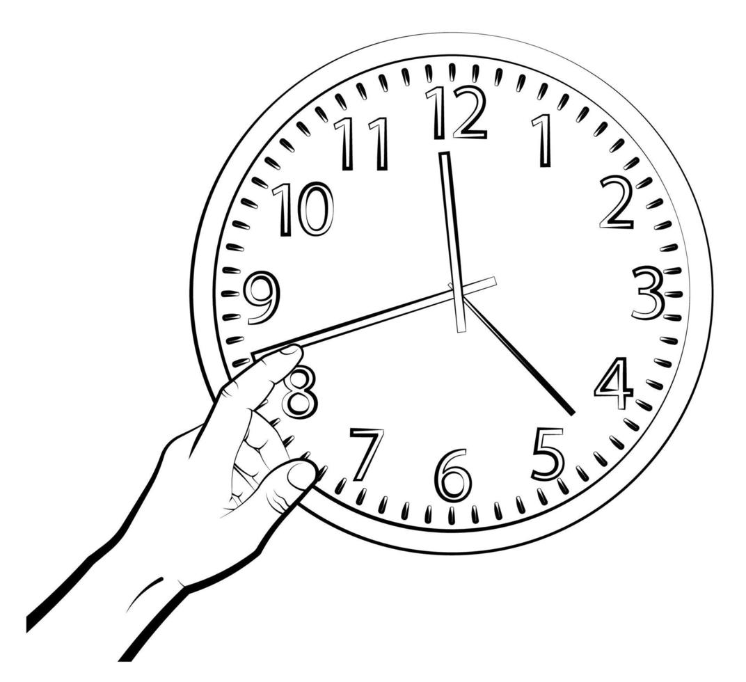 man hand translates hands of mechanical watch. Time to wake up concept. Mechanical watch for measuring time. Vector