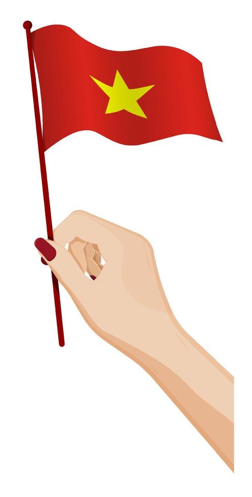 Female hand gently holds small flag of republic of Vietnam. Holiday design element. Cartoon vector on white background