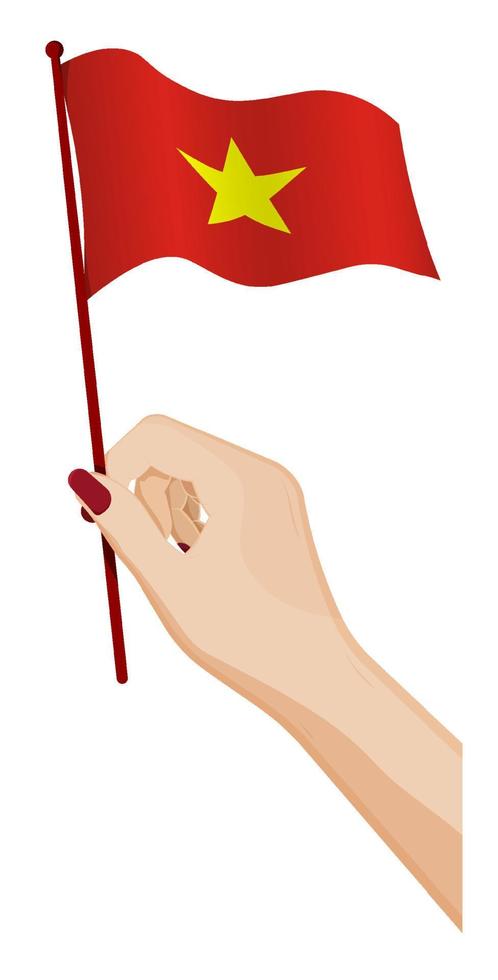 mano femenina sostiene suavemente una pequeña bandera de la república de vietnam. elemento de diseño de vacaciones. vector de dibujos animados sobre fondo blanco