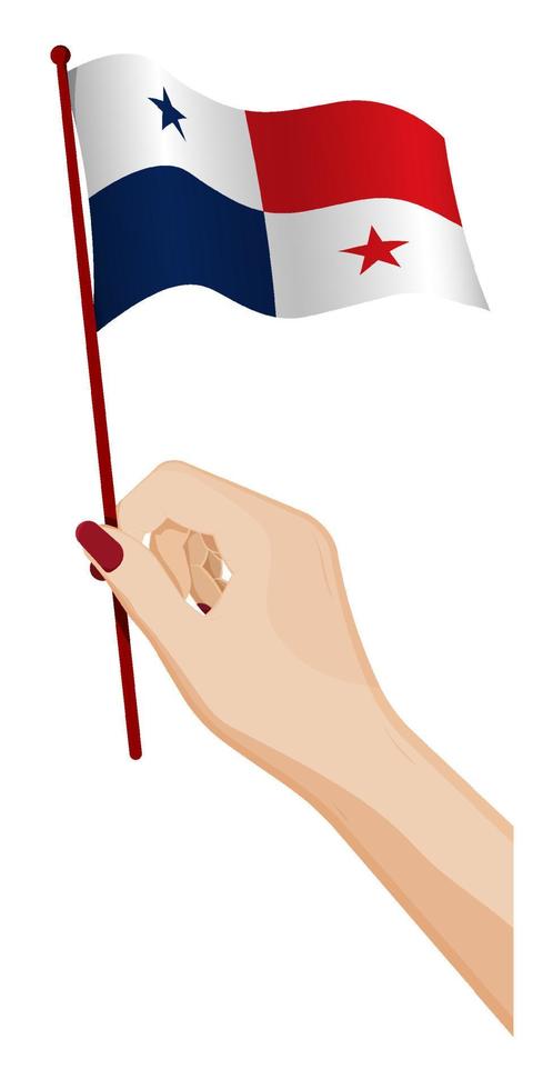 Female hand gently holds small flag of republic of Panama. Holiday design element. Cartoon vector on white background