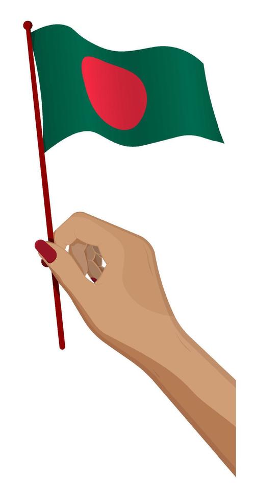 Female hand gently holds small flag of republic of Bangladesh. Holiday design element. Cartoon vector on white background