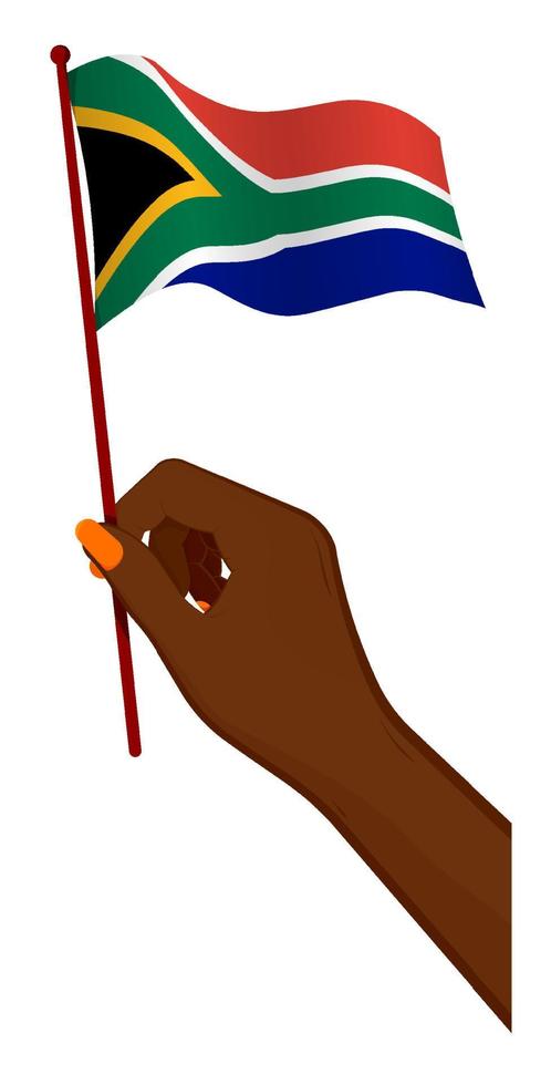 Female hand gently holds small flag of south africa. Holiday design element. Cartoon vector on white background