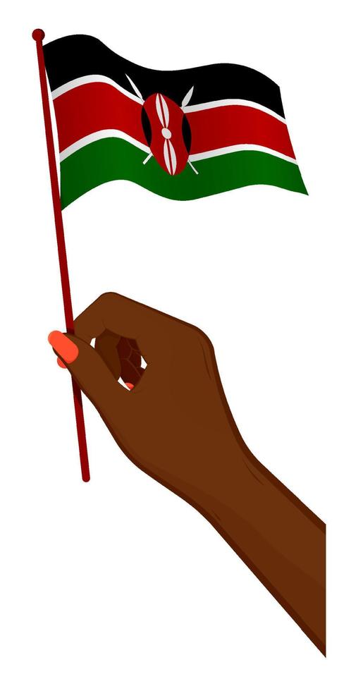 la mano femenina sostiene suavemente la pequeña bandera de Kenia. elemento de diseño de vacaciones. vector de dibujos animados sobre fondo blanco