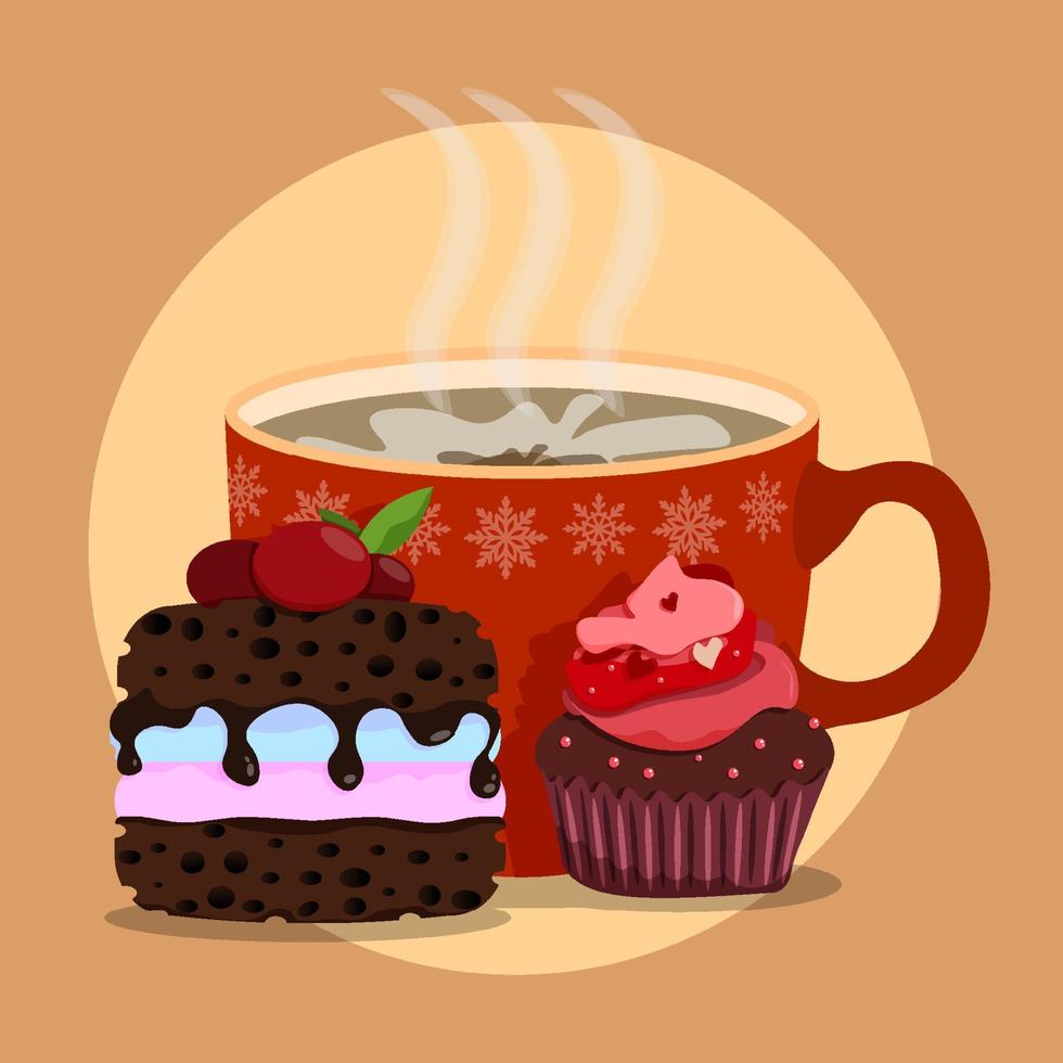 taza grande de chocolate caliente con deliciosos brownies de chocolate. deliciosos postres para la noche de invierno. vacaciones de año nuevo en la mesa de casa. vector