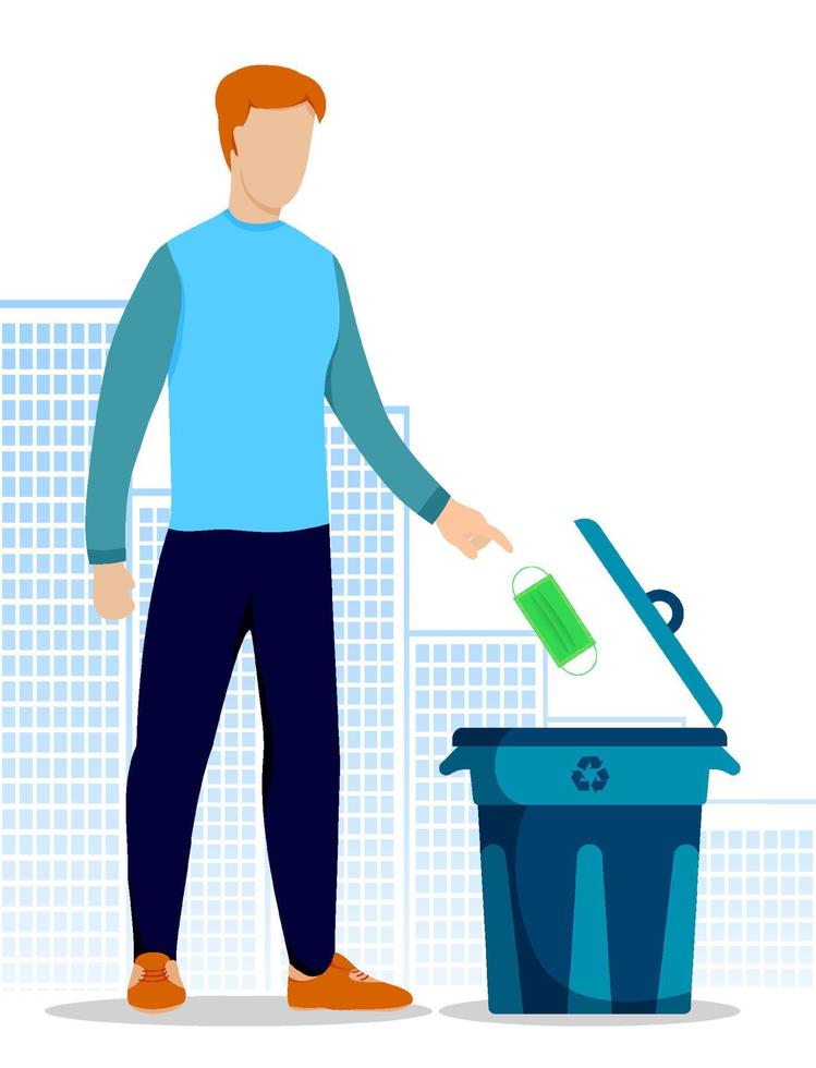 man throws a medical mask into trash can. Health protection. Disposal and recycling of medical waste. Vector