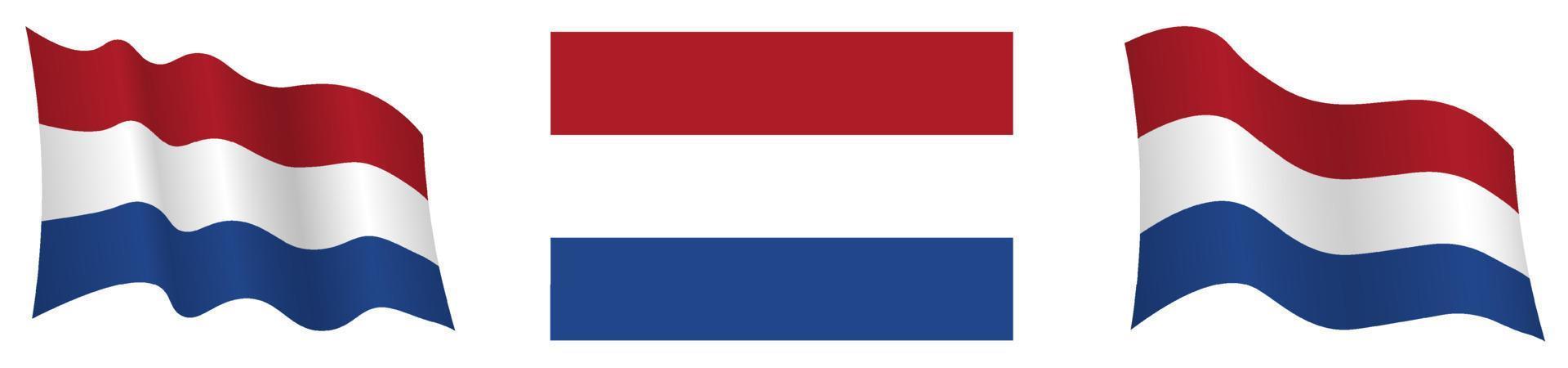 bandera de holanda, países bajos en posición estática y en movimiento, desarrollándose en el viento en colores y tamaños exactos, sobre fondo blanco vector