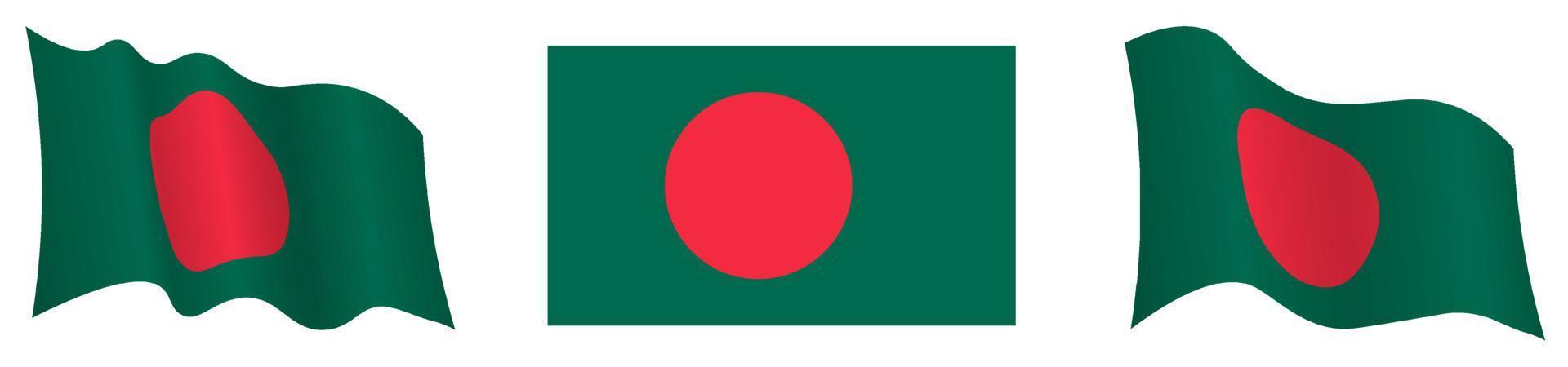 bandera de la república de bangladesh en posición estática y en movimiento, ondeando en el viento en colores y tamaños exactos, sobre fondo blanco vector