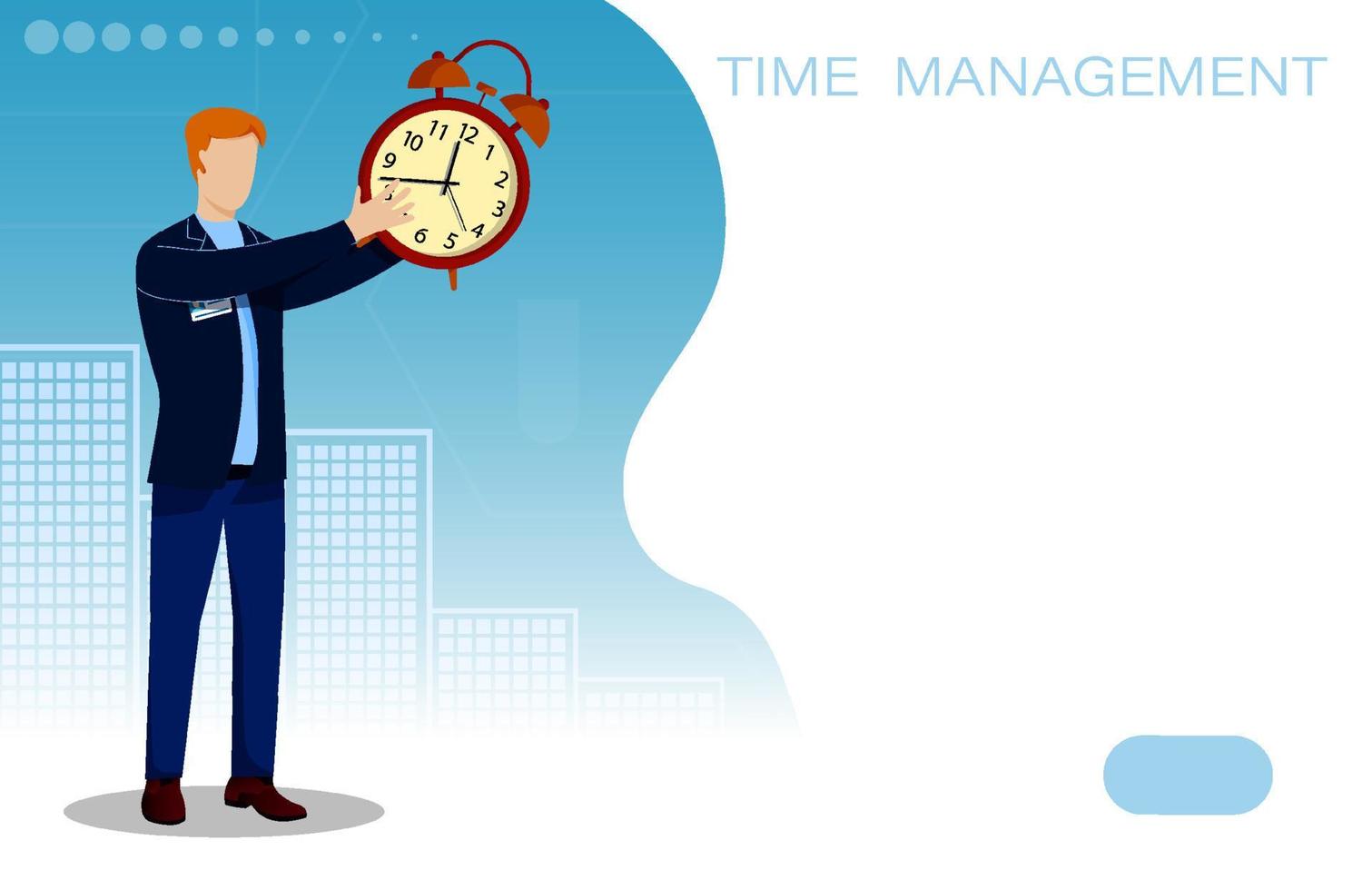 man holding alarm clock in his hands. Time management concept. Life of modern person in big city. Vector
