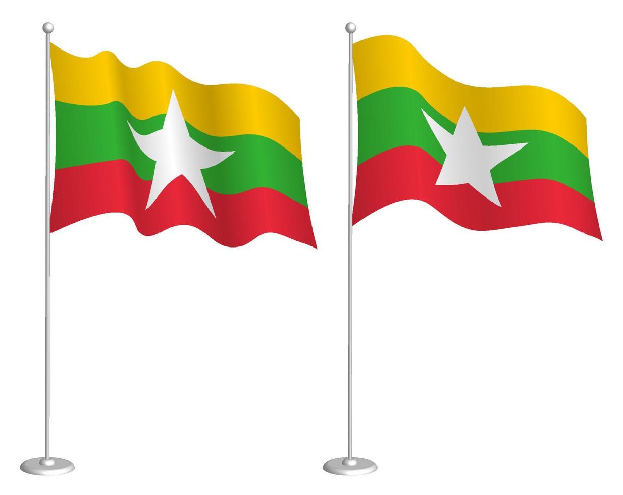 bandera de la república de myanmar en asta de bandera ondeando en el viento. elemento de diseño de vacaciones. punto de control para los símbolos del mapa. vector aislado sobre fondo blanco