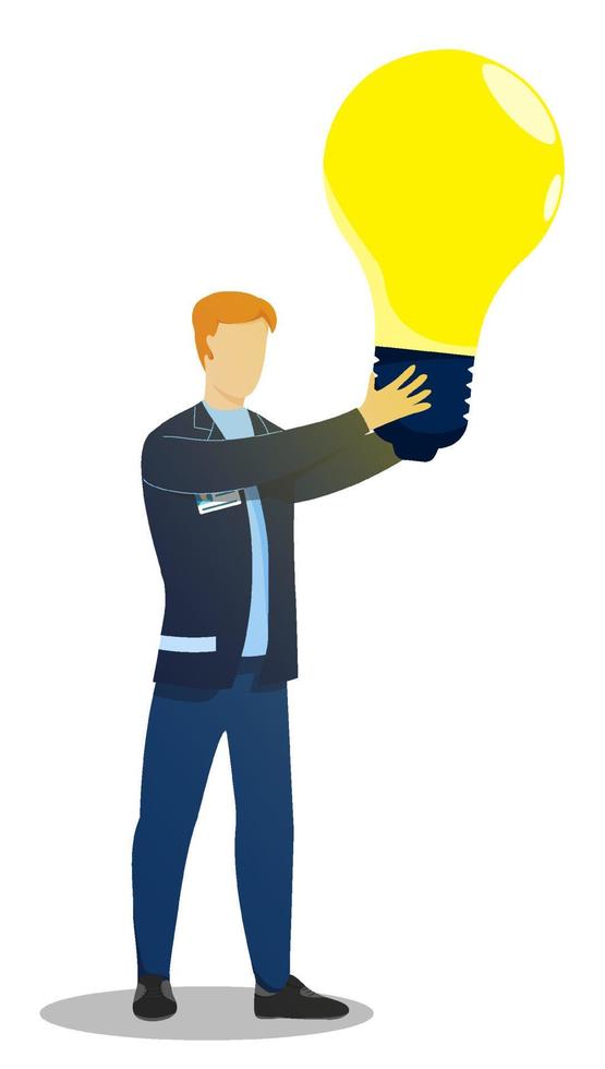 man, creative worker holding large glowing light bulb in his hands. New idea, creative thought. Business brainstorming to solve problem. Vector isolated on white background