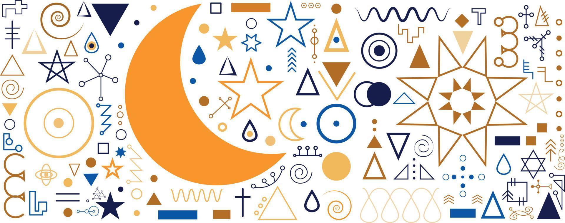 A set of aesthetic and modern Astrology minimalistic linear illustrations of the sun, moon, stars, geometric elements vector