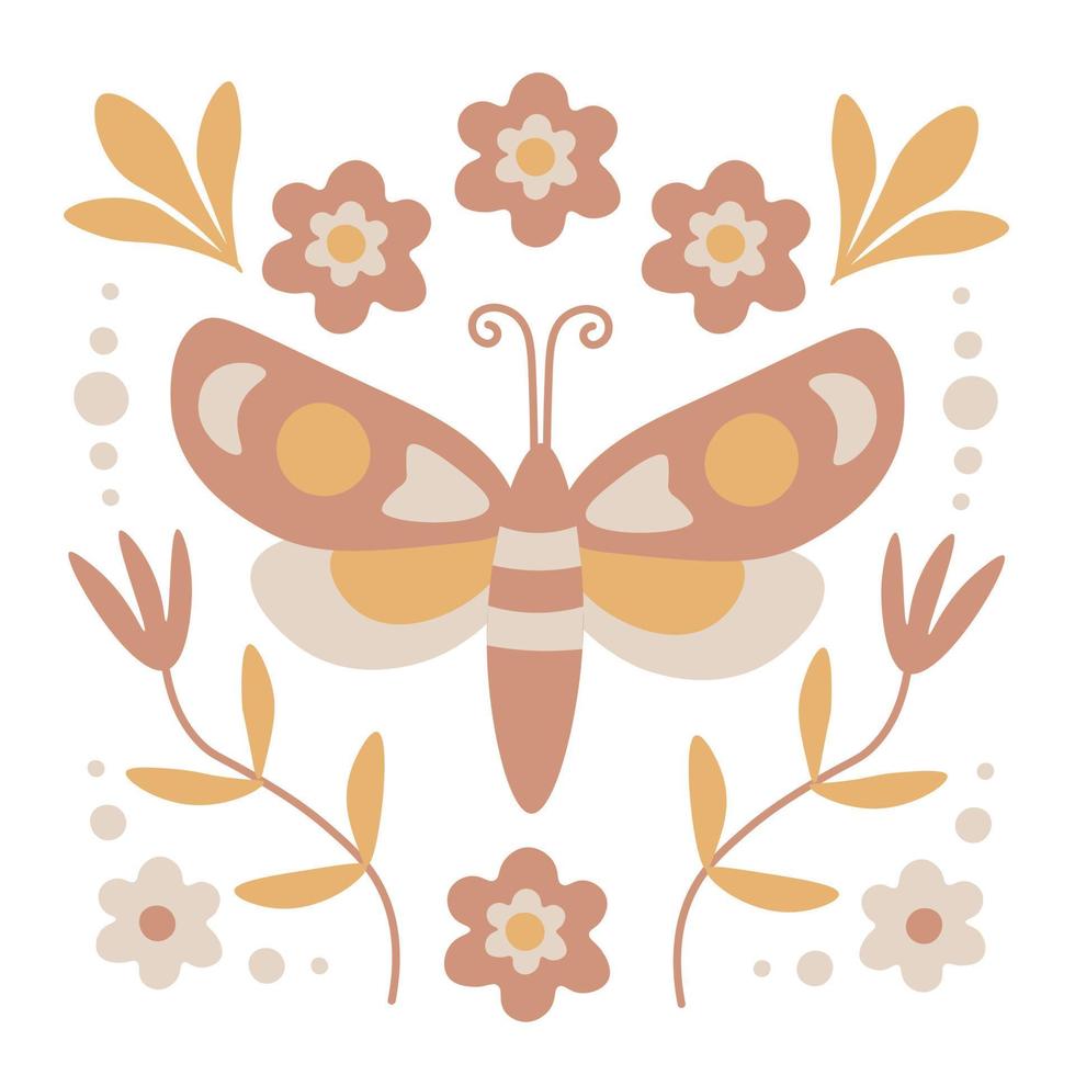 cartel floral boho con mariposa retro y flores vector