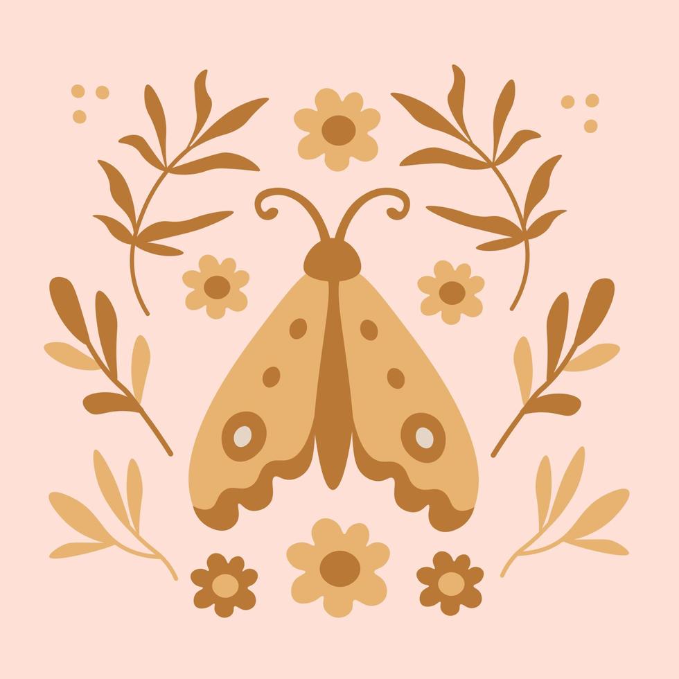 Retro greeting card with butterfly and flowers in boho style vector