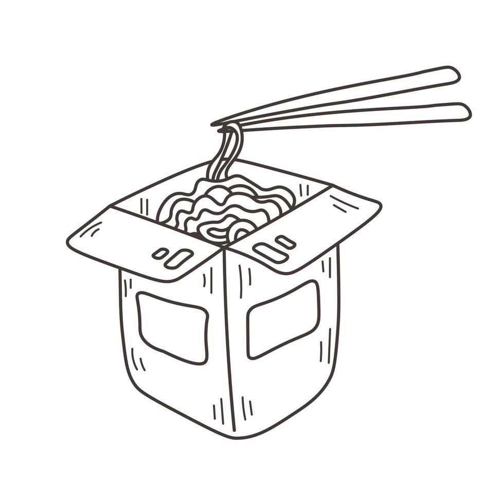 Wok box with noodles and chopsticks doodle vector