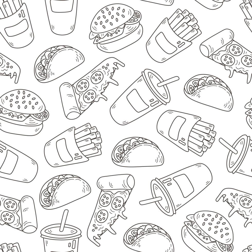 Doodle fast food seamless pattern cartoon style vector