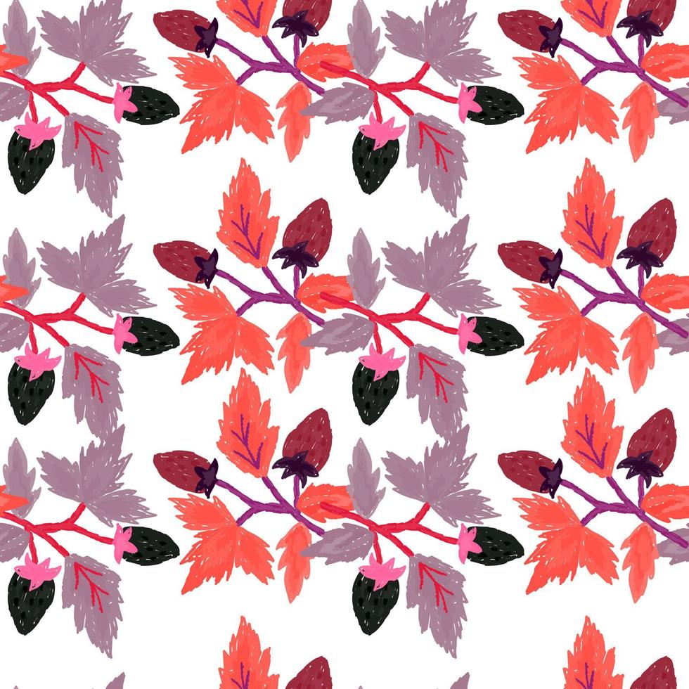 Freehand wild strawberry branch seamless pattern. Hand drawn wild berries floral wallpaper. Strawberry plant endless backdrop. vector