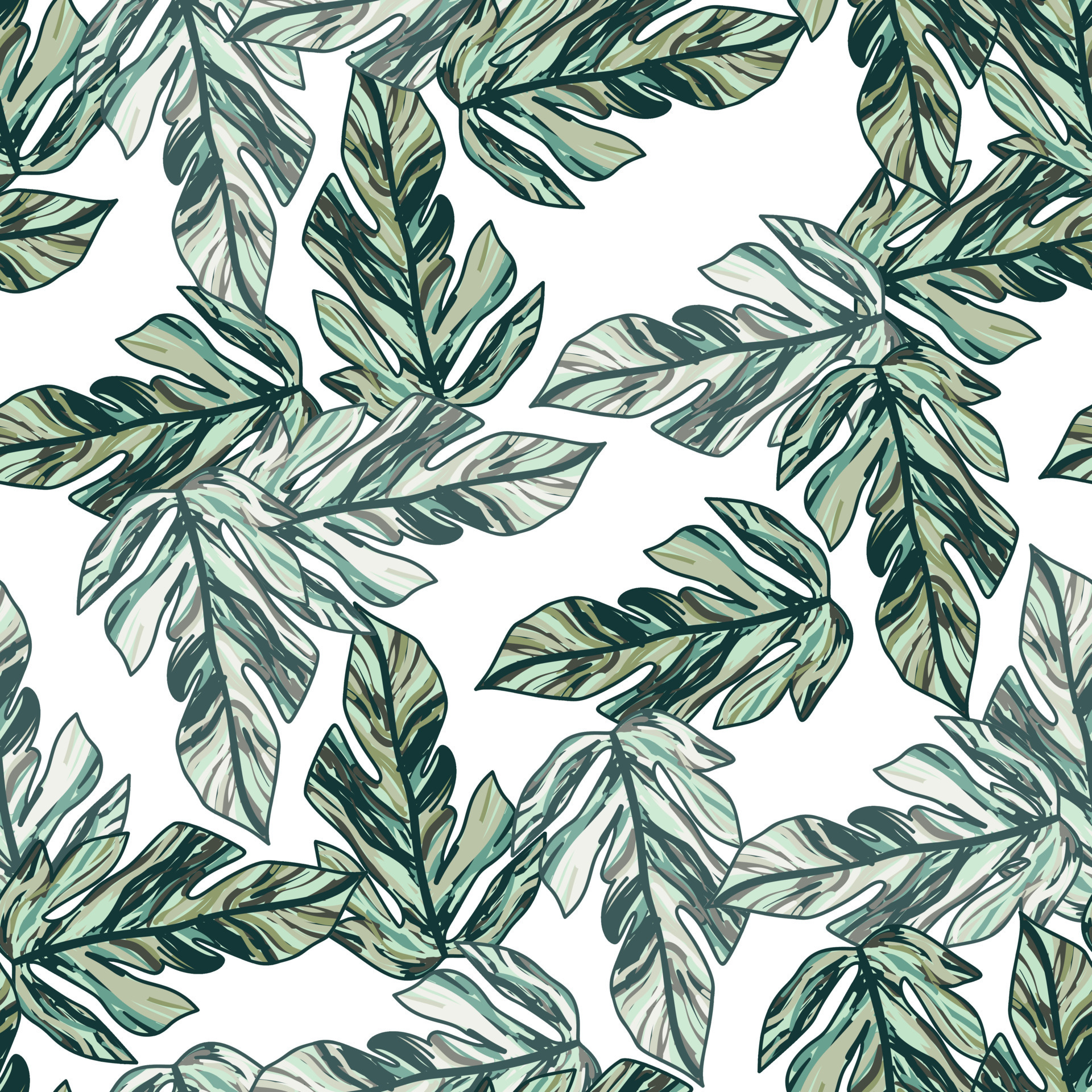 Creative tropical leaves seamless pattern in sketch style. Palm leaf
