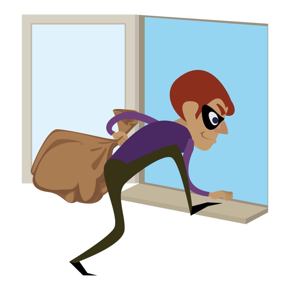 Burglar through window icon, cartoon style vector