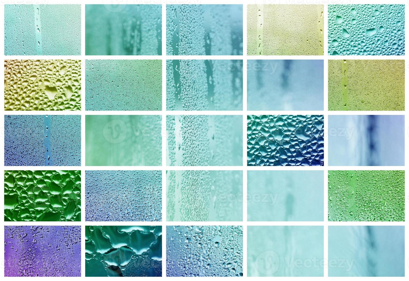 A collage of many different fragments of glass, decorated with rain drops from the condensate. Spring tones with green and blue colors photo