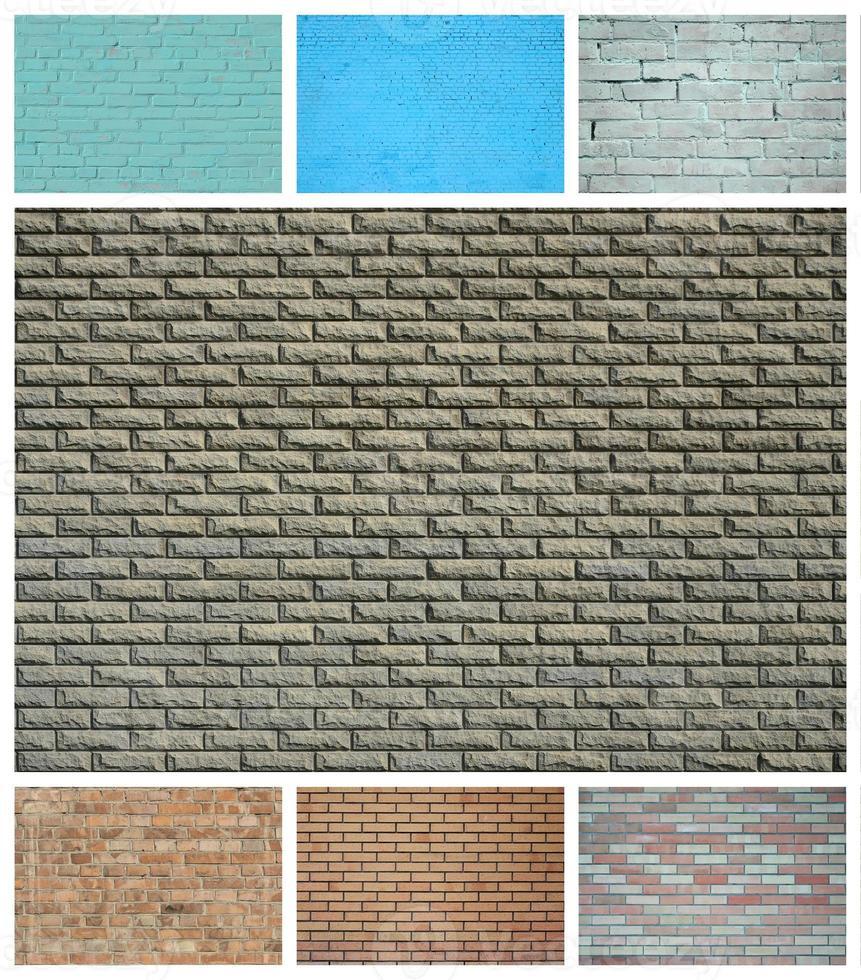 A collage of many pictures with fragments of brick walls of different colors close-up. Set of images with varieties of brickwork photo