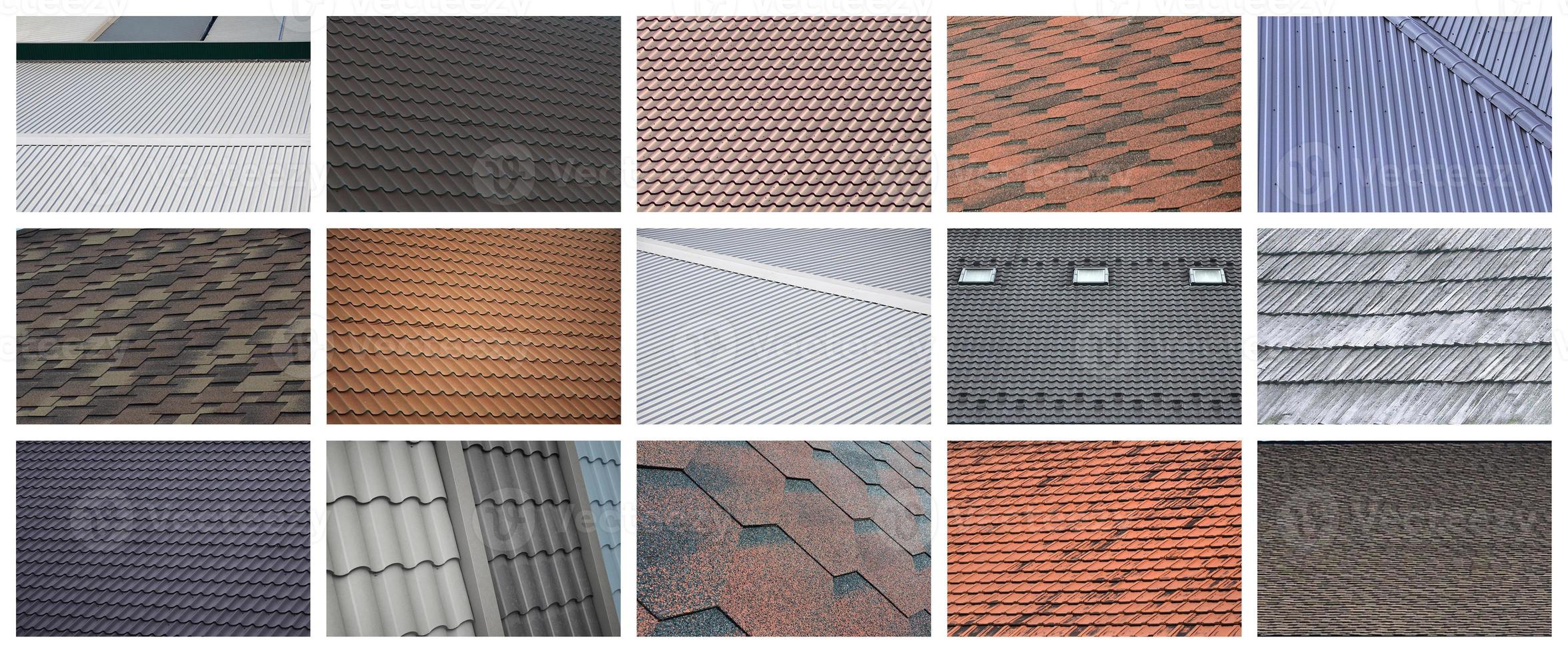 A collage of many pictures with fragments of various types of roofing close up. A set of images with roof coating textures photo